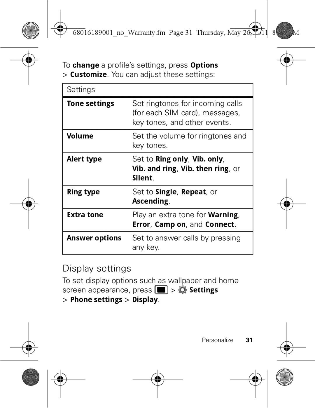 Motorola EX109 warranty Display settings 