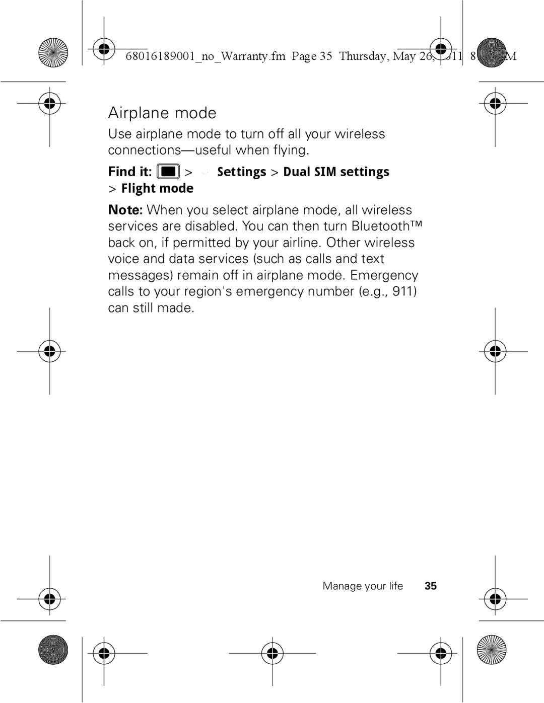 Motorola EX109 warranty Airplane mode 