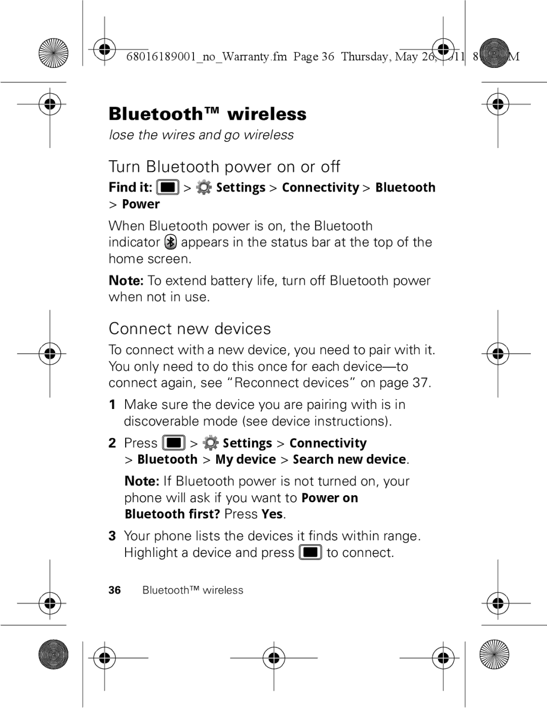 Motorola EX109 warranty Bluetooth wireless, Turn Bluetooth power on or off, Connect new devices 