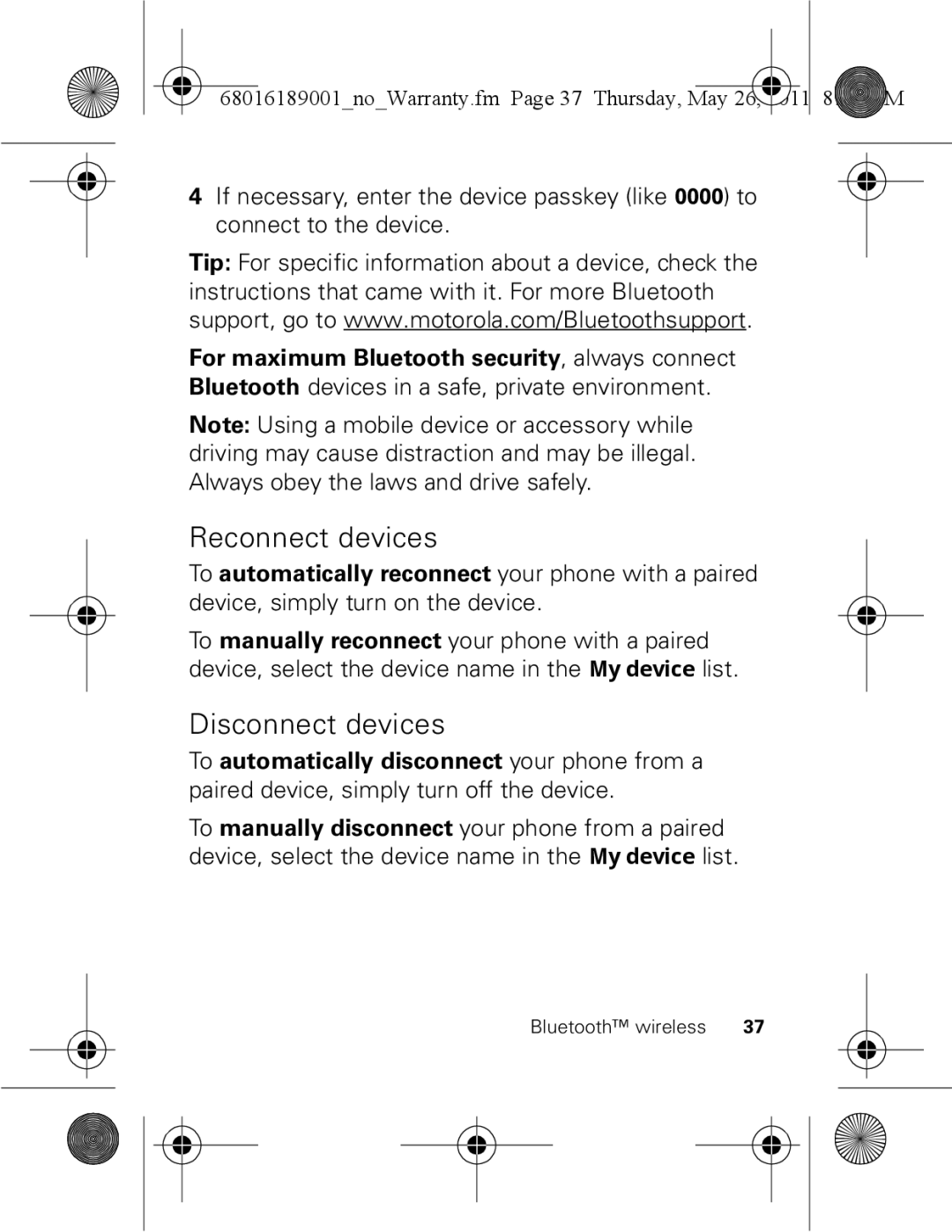 Motorola EX109 warranty Reconnect devices, Disconnect devices 