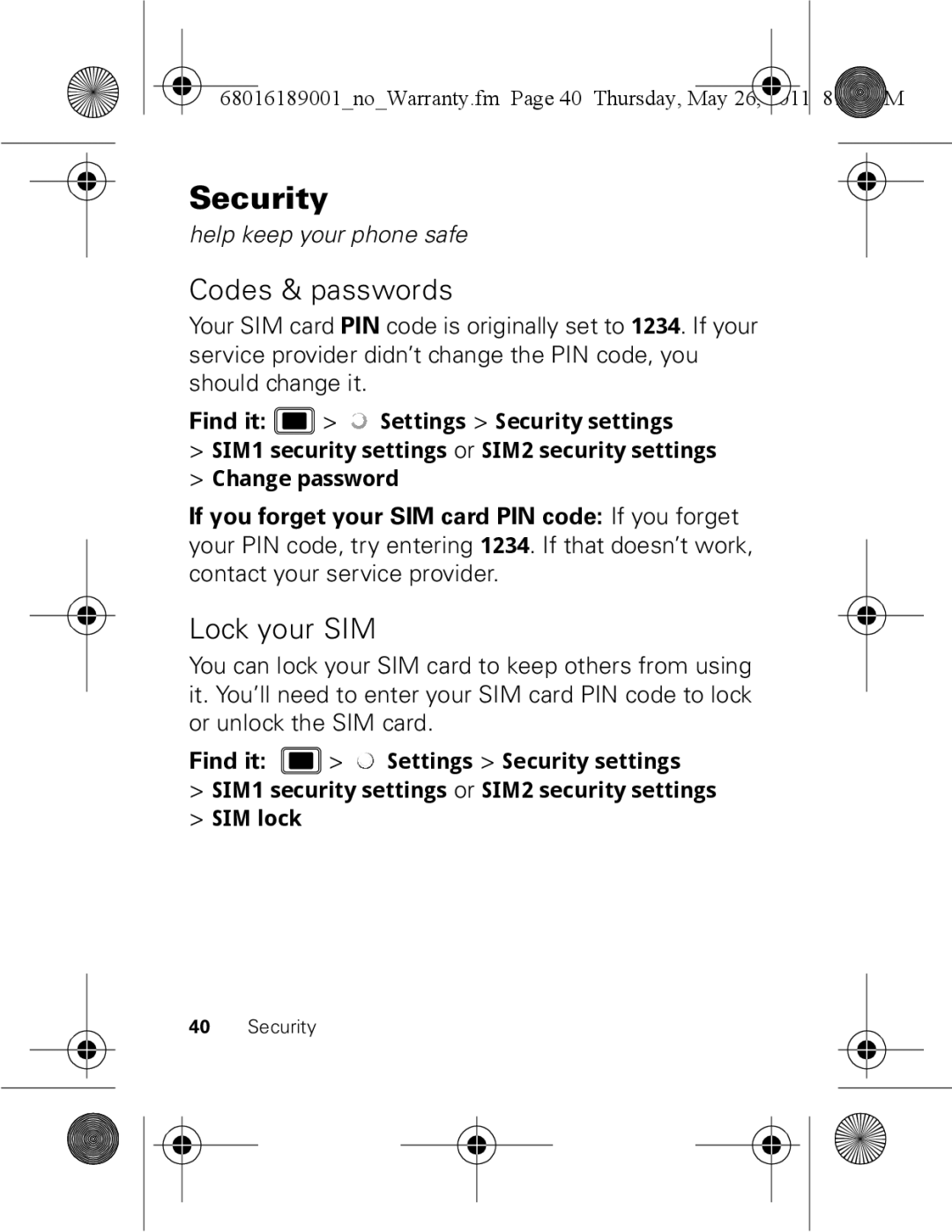 Motorola EX109 warranty Security, Codes & passwords, Lock your SIM 