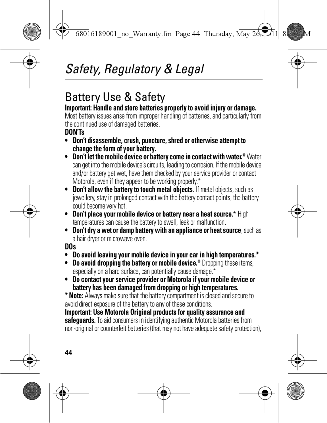 Motorola EX109 warranty Battery Use & Safety, DON’Ts, Hair dryer or microwave oven, DOs 