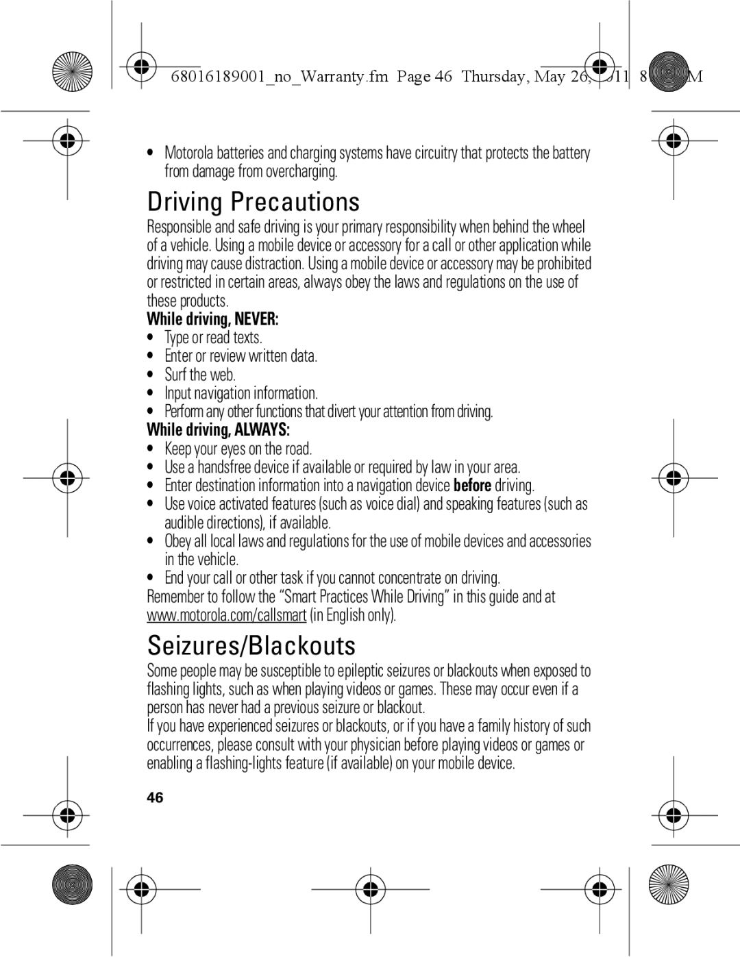 Motorola EX109 warranty Driving Precautions, Seizures/Blackouts, While driving, Never, While driving, Always 