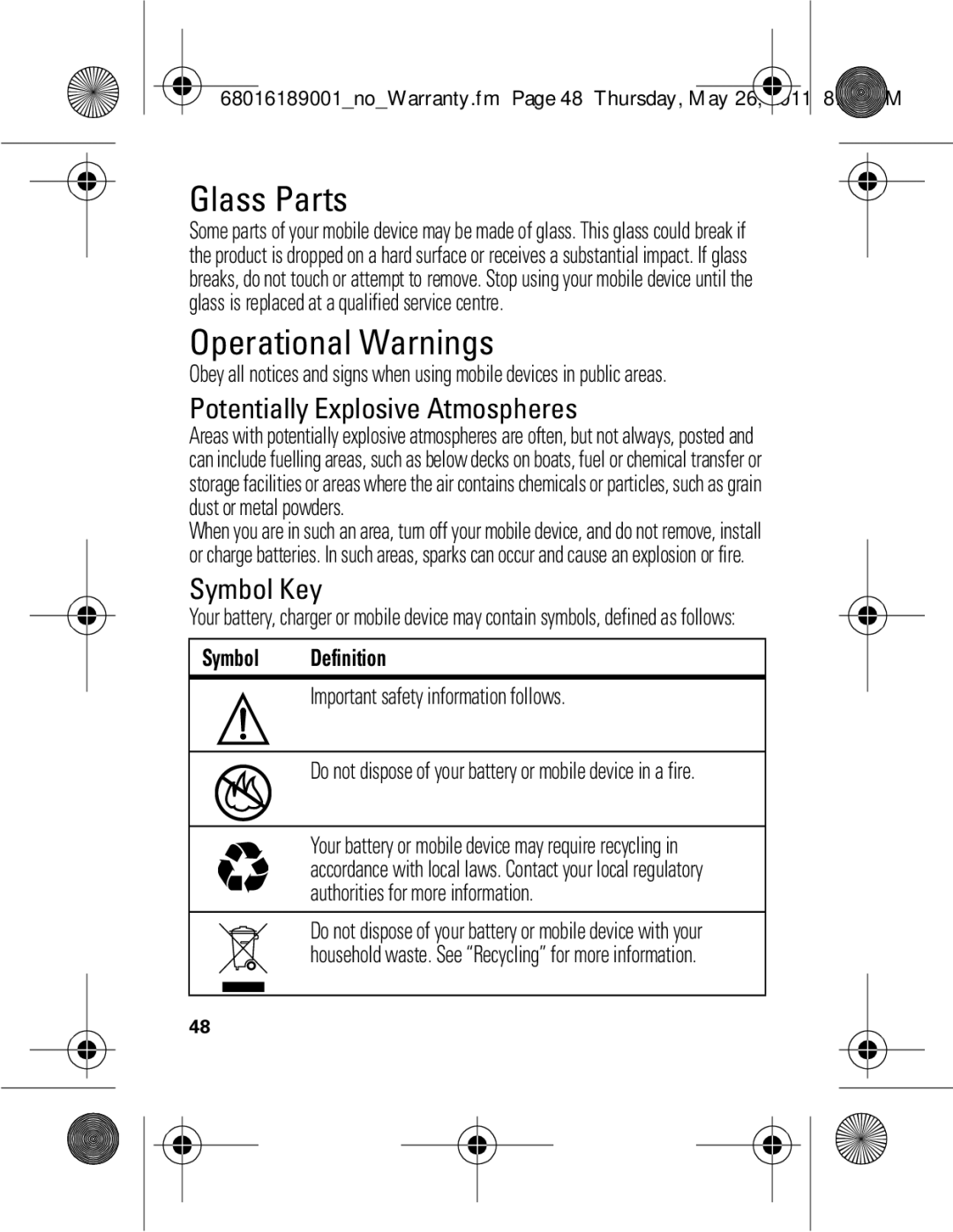 Motorola EX109 warranty Glass Parts, Operational Warnings, Potentially Explosive Atmospheres, Symbol Key, Symbol Definition 