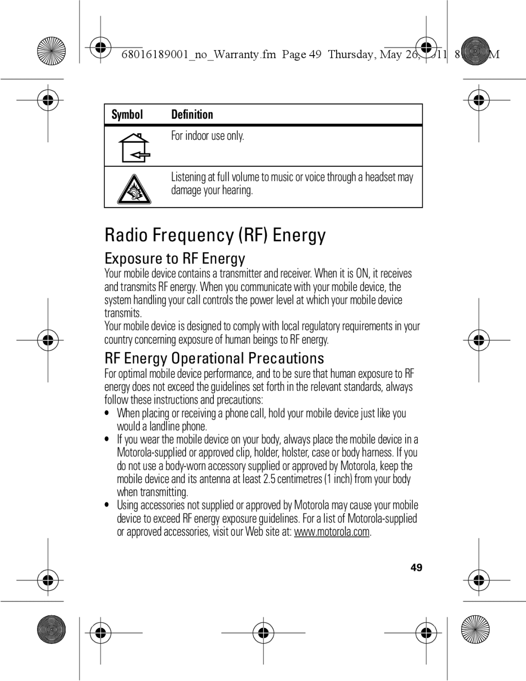 Motorola EX109 Radio Frequency RF Energy, Exposure to RF Energy, RF Energy Operational Precautions, For indoor use only 