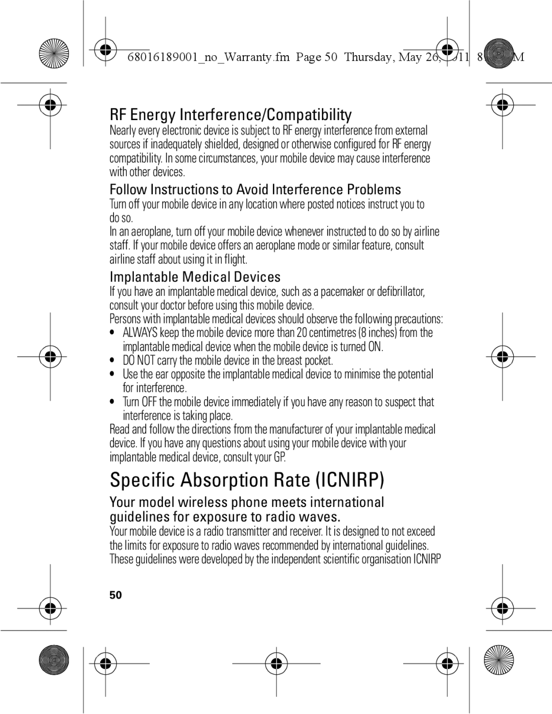 Motorola EX109 warranty Specific Absorption Rate Icnirp, RF Energy Interference/Compatibility 