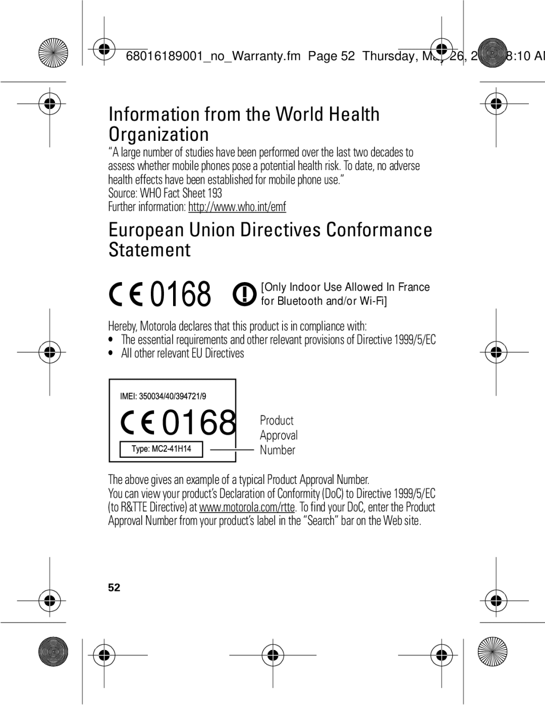 Motorola EX109 warranty Information from the World Health Organization, European Union Directives Conformance Statement 