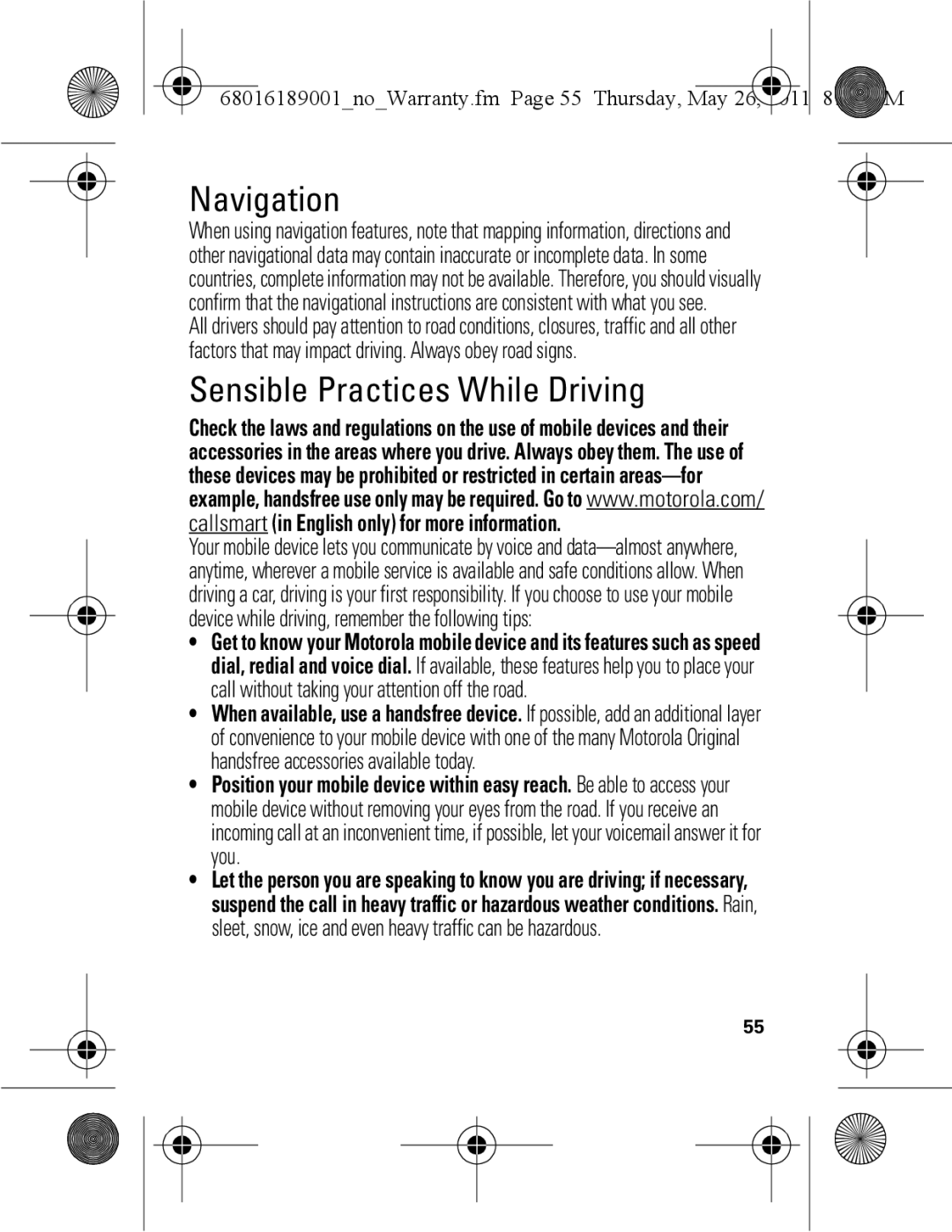 Motorola EX109 warranty Navigation, Sensible Practices While Driving 