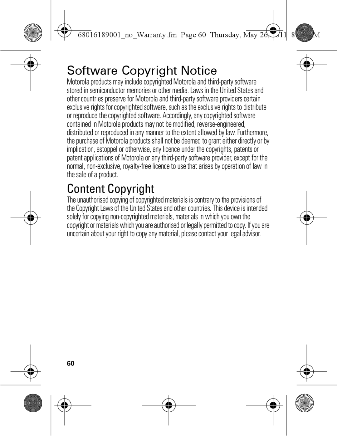 Motorola EX109 warranty Software Copyright Notice, Content Copyright 