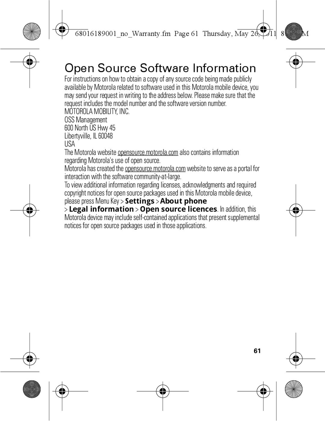 Motorola EX109 warranty Open Source Software Information, North US Hwy 