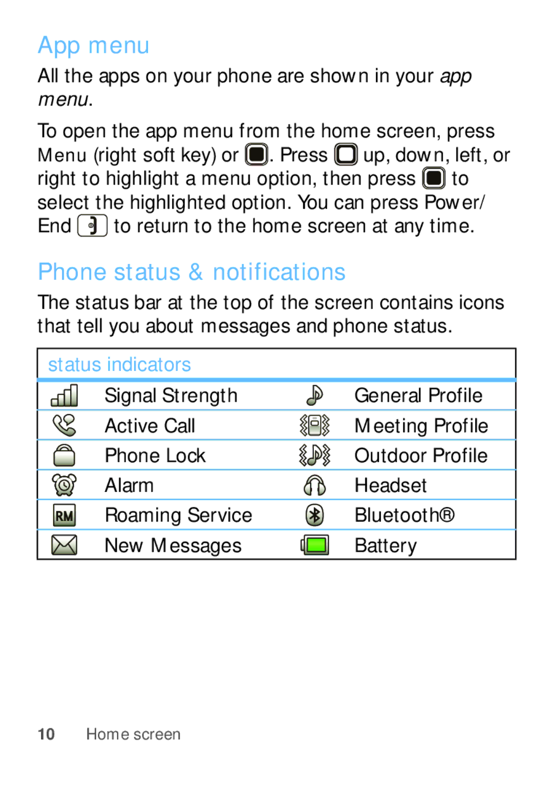 Motorola EX112 manual App menu, Phone status & notifications 