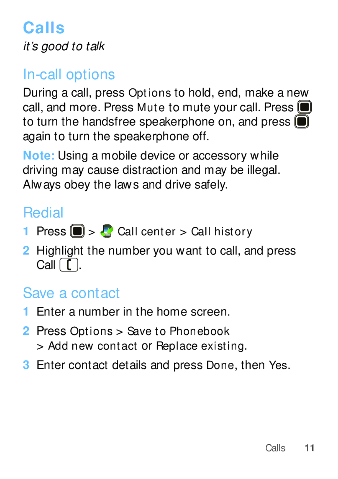 Motorola EX112 manual Calls, In-call options, Redial, Save a contact 
