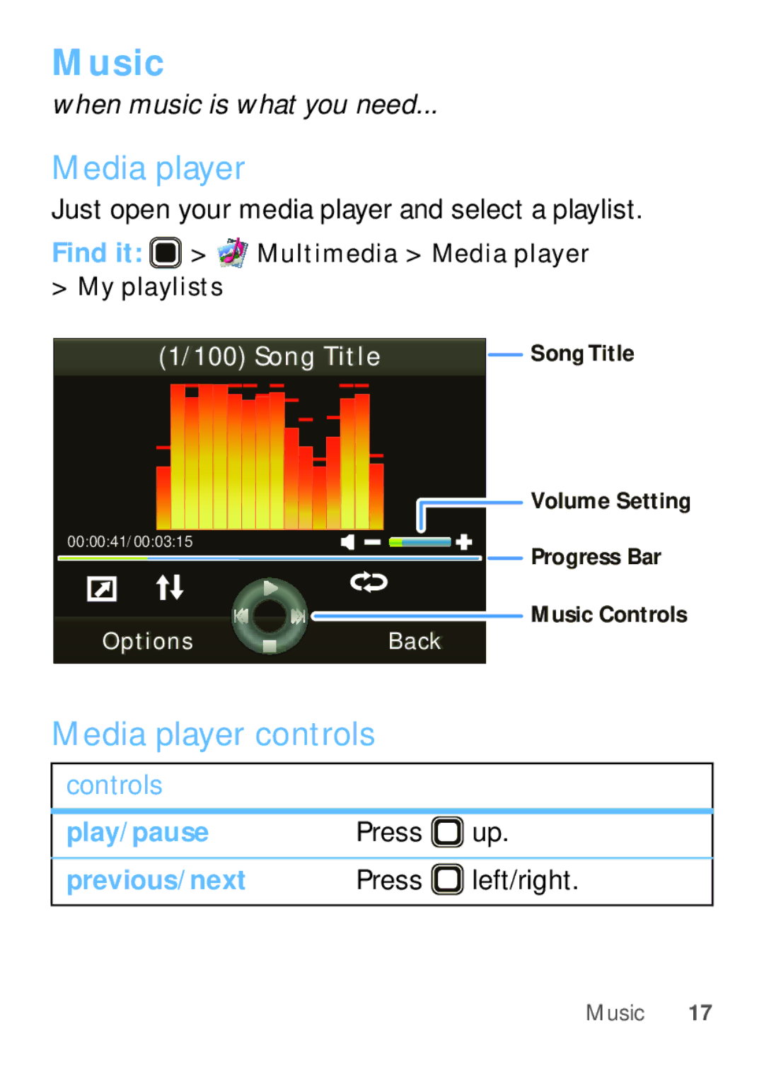 Motorola EX112 manual Music, Media player controls, Previous/next Press left/right 