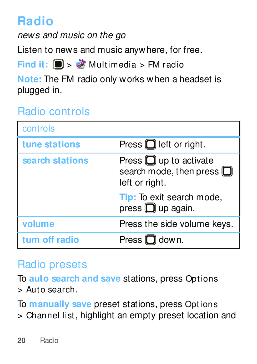 Motorola EX112 manual Radio controls, Radio presets 