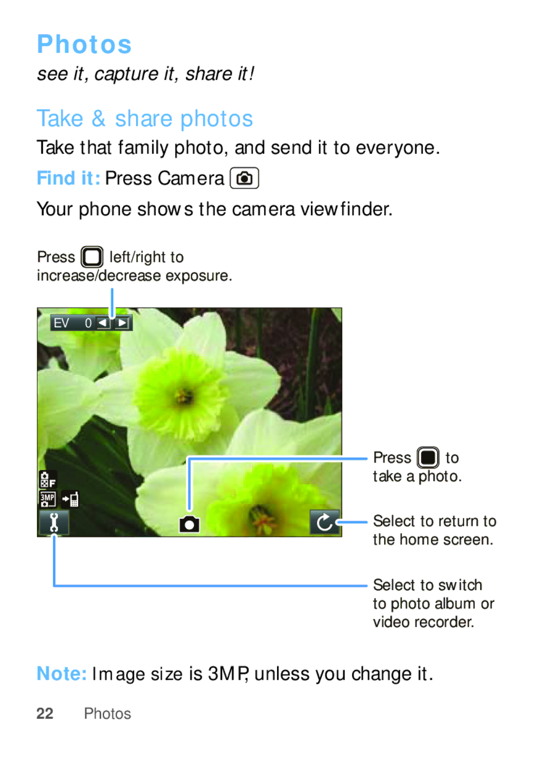 Motorola EX112 manual Photos, Take & share photos 