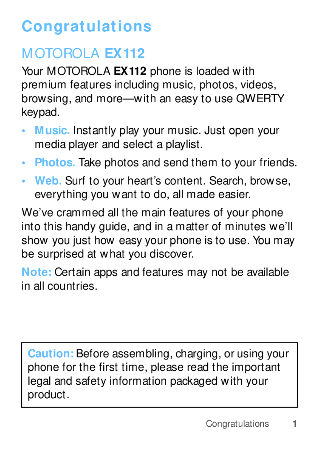 Motorola manual Congratulations, Motorola EX112 