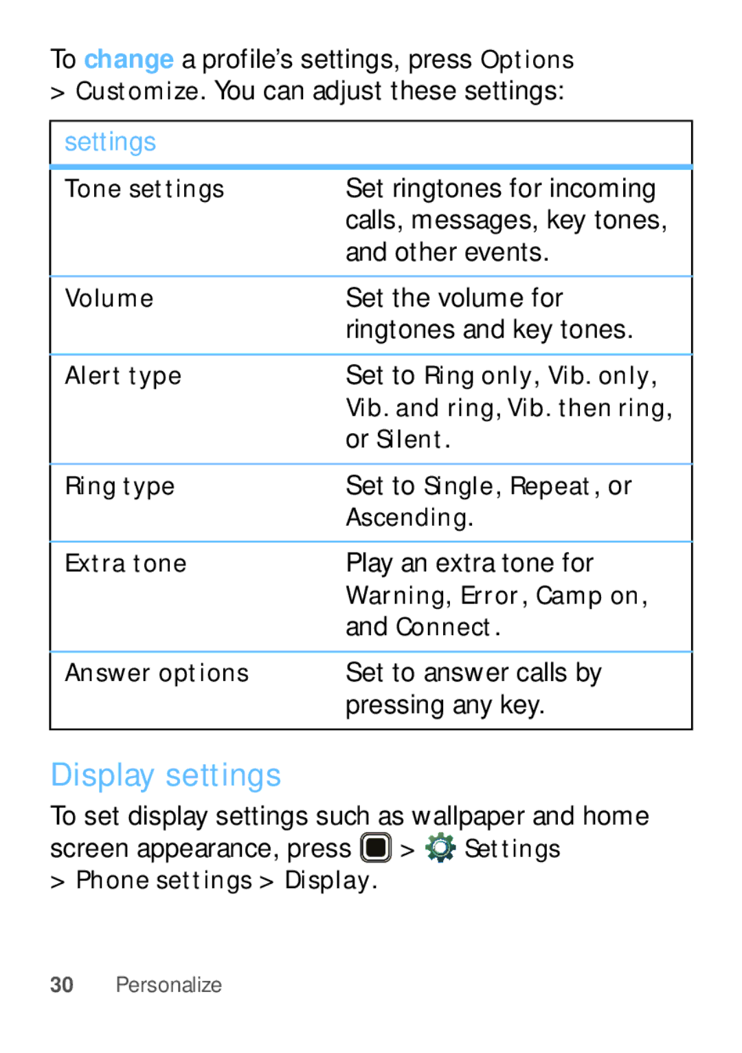 Motorola EX112 manual Display settings 