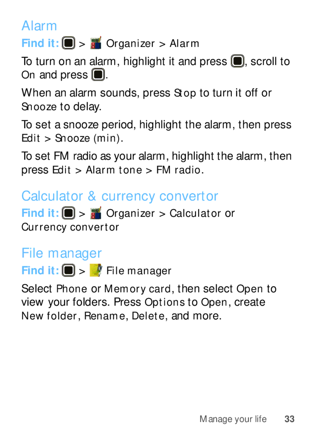 Motorola EX112 manual Alarm, Calculator & currency convertor, File manager 