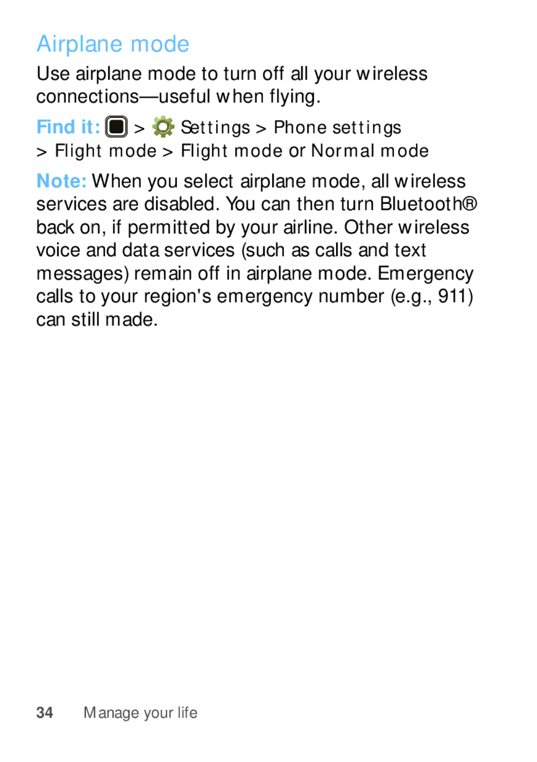 Motorola EX112 manual Airplane mode 