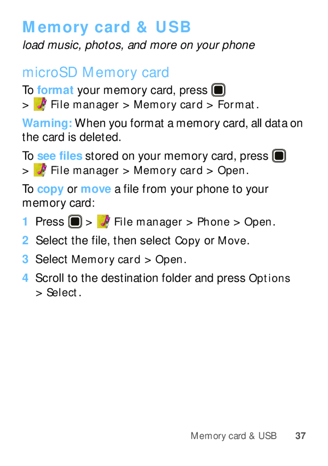 Motorola EX112 manual Memory card & USB, MicroSD Memory card 