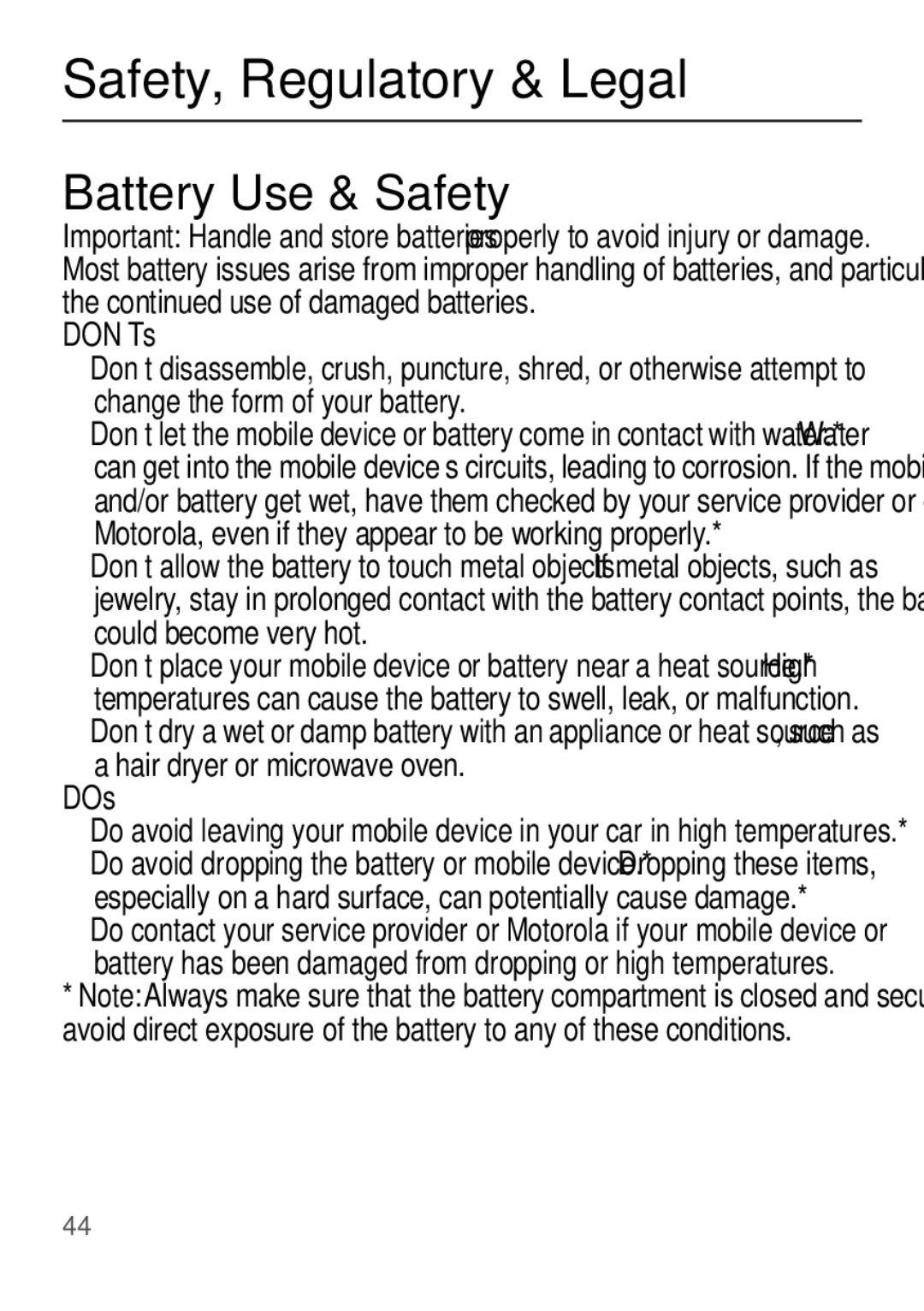 Motorola EX112 manual Battery Use & Safety, Hair dryer or microwave oven 