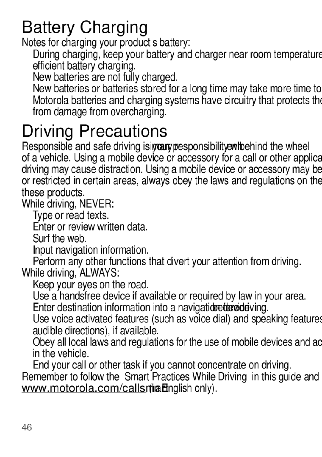 Motorola EX112 Battery Charging, Driving Precautions, New batteries are not fully charged, Keep your eyes on the road 