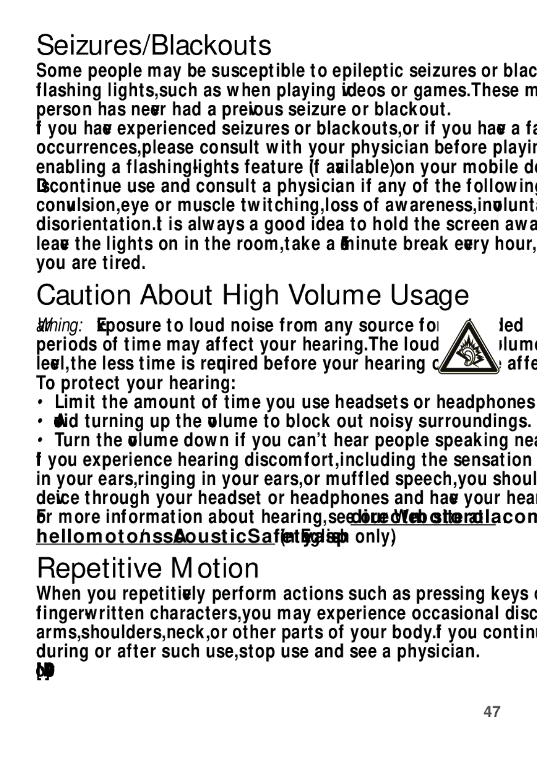 Motorola EX112 manual Seizures/Blackouts, Repetitive Motion, Nov0109 