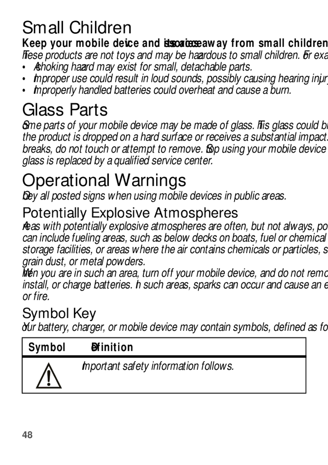 Motorola EX112 manual Small Children, Glass Parts, Operational Warnings 