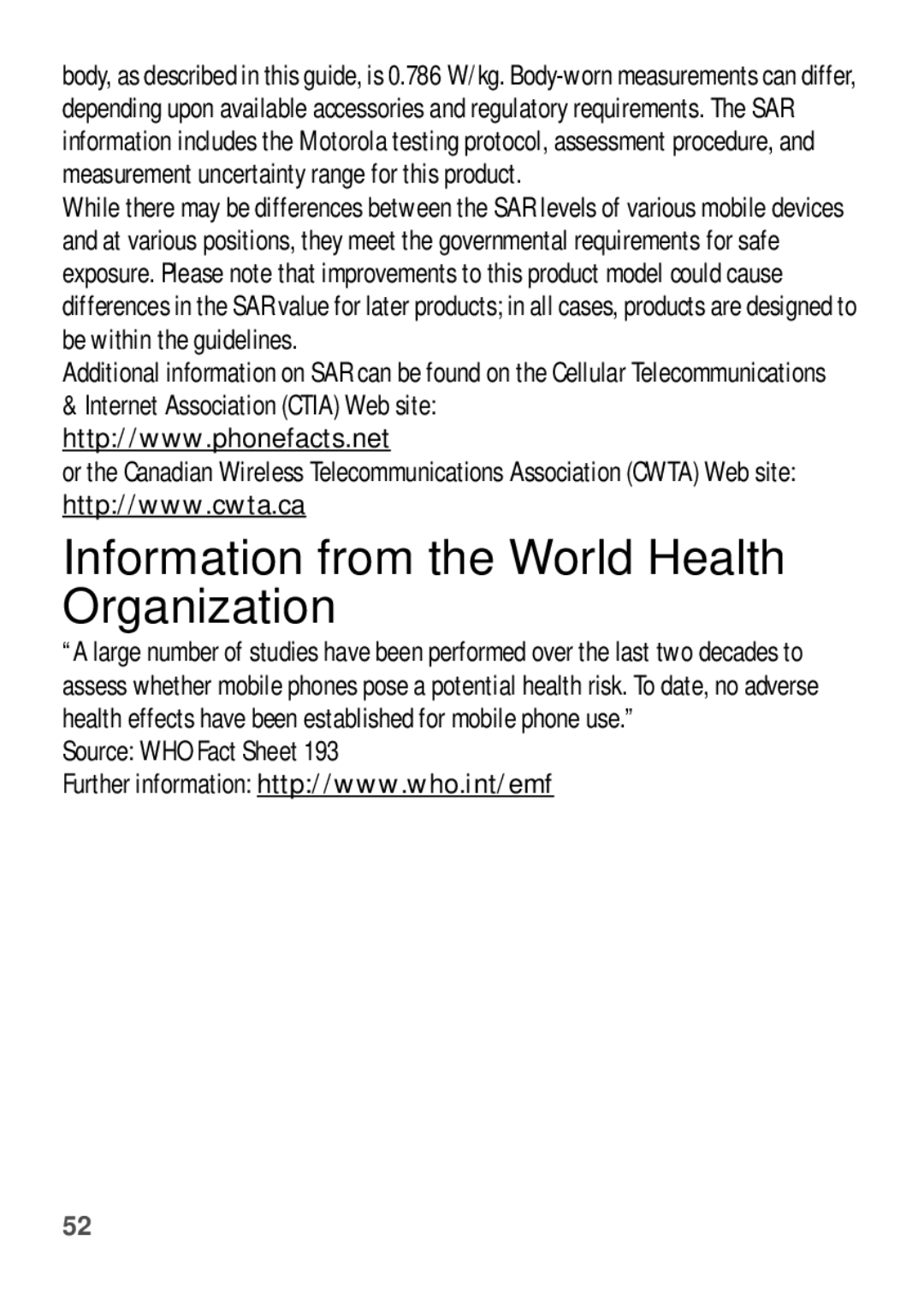 Motorola EX112 manual Information from the World Health Organization, Source WHO Fact Sheet 