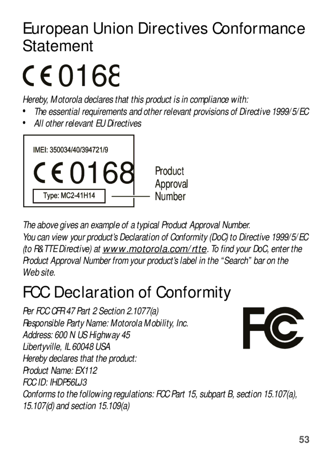 Motorola EX112 manual European Union Directives Conformance Statement, FCC Declaration of Conformity 