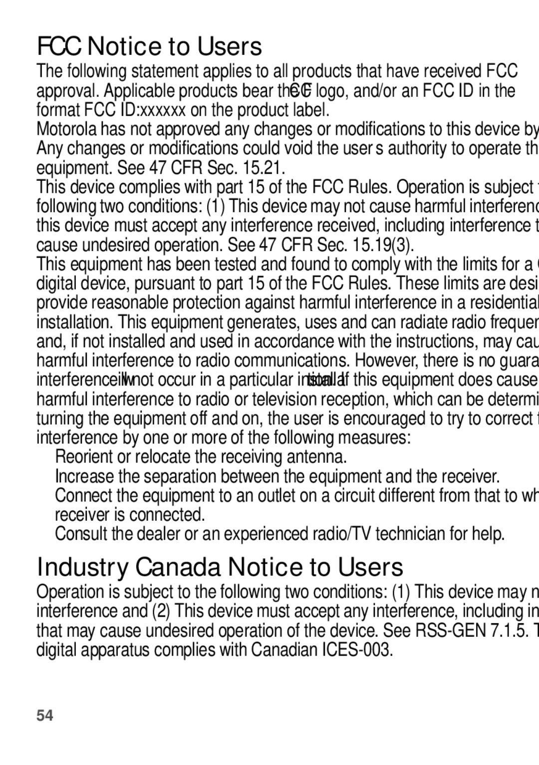 Motorola EX112 manual FCC Notice to Users, Industry Canada Notice to Users, Reorient or relocate the receiving antenna 