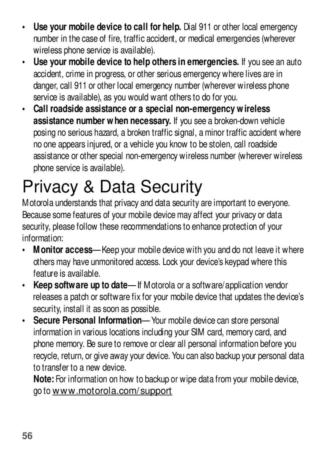 Motorola EX112 manual Privacy & Data Security 