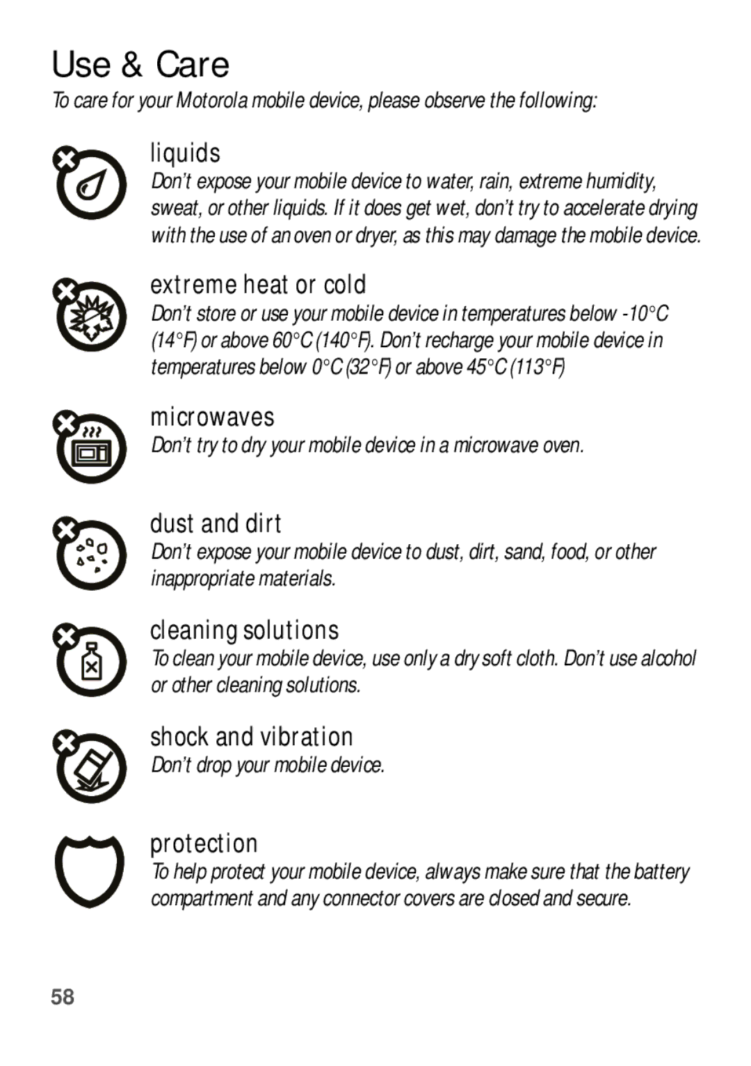 Motorola EX112 manual Use & Care, Don’t drop your mobile device 