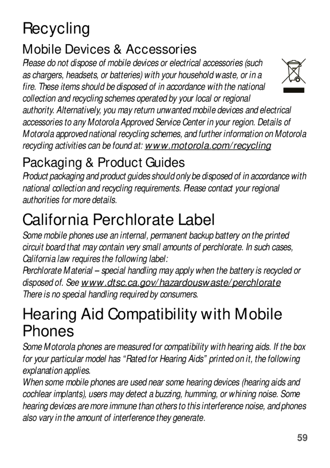 Motorola EX112 manual Recycling, California Perchlorate Label, Hearing Aid Compatibility with Mobile Phones 