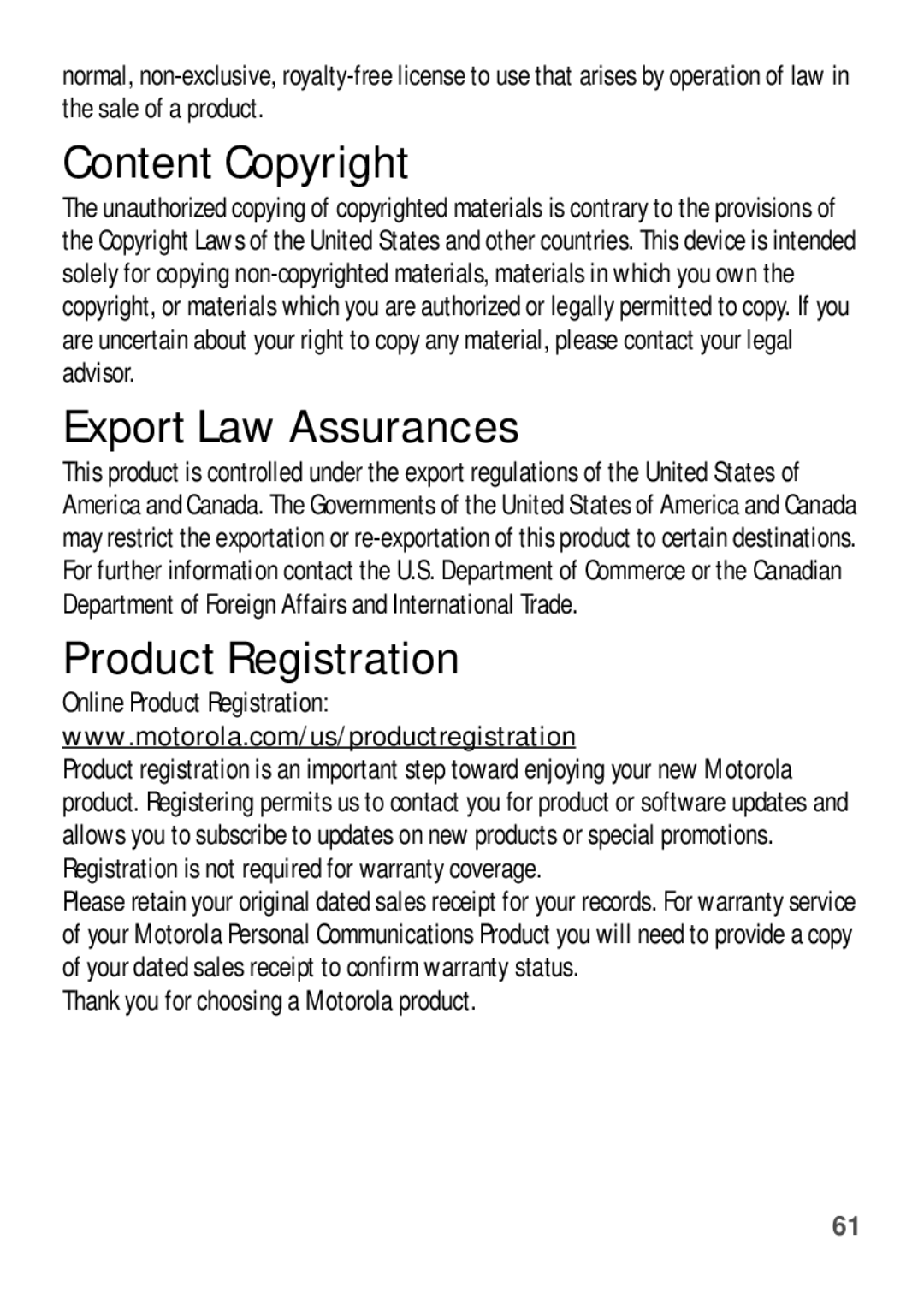 Motorola EX112 manual Content Copyright, Export Law Assurances, Online Product Registration 