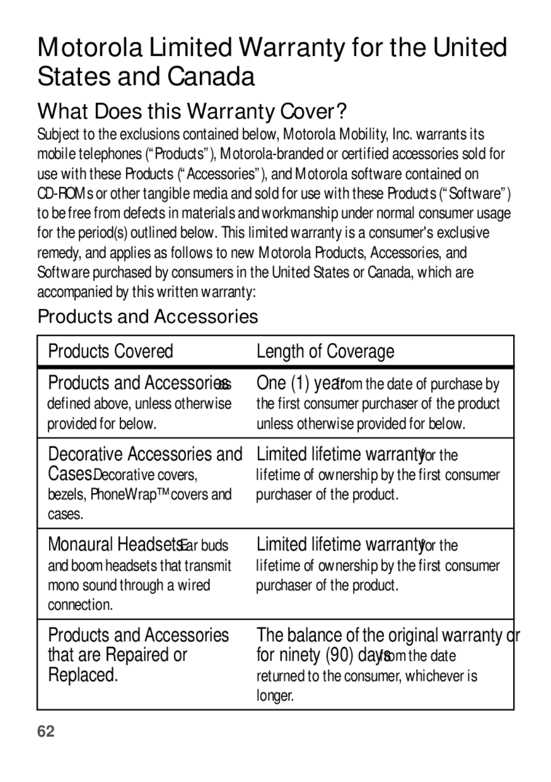 Motorola EX112 manual Motorola Limited Warranty for the United States and Canada 