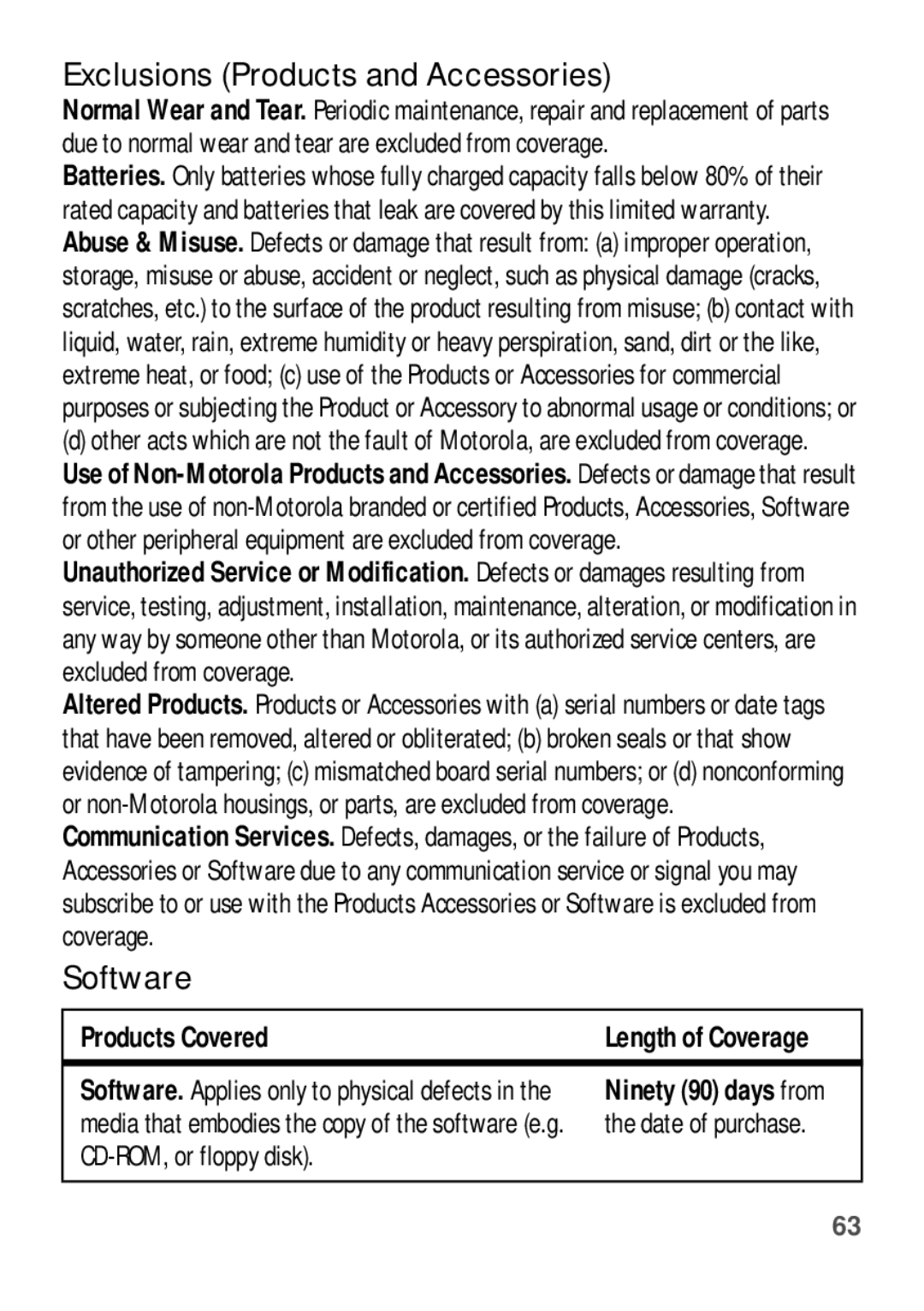 Motorola EX112 manual Exclusions Products and Accessories 