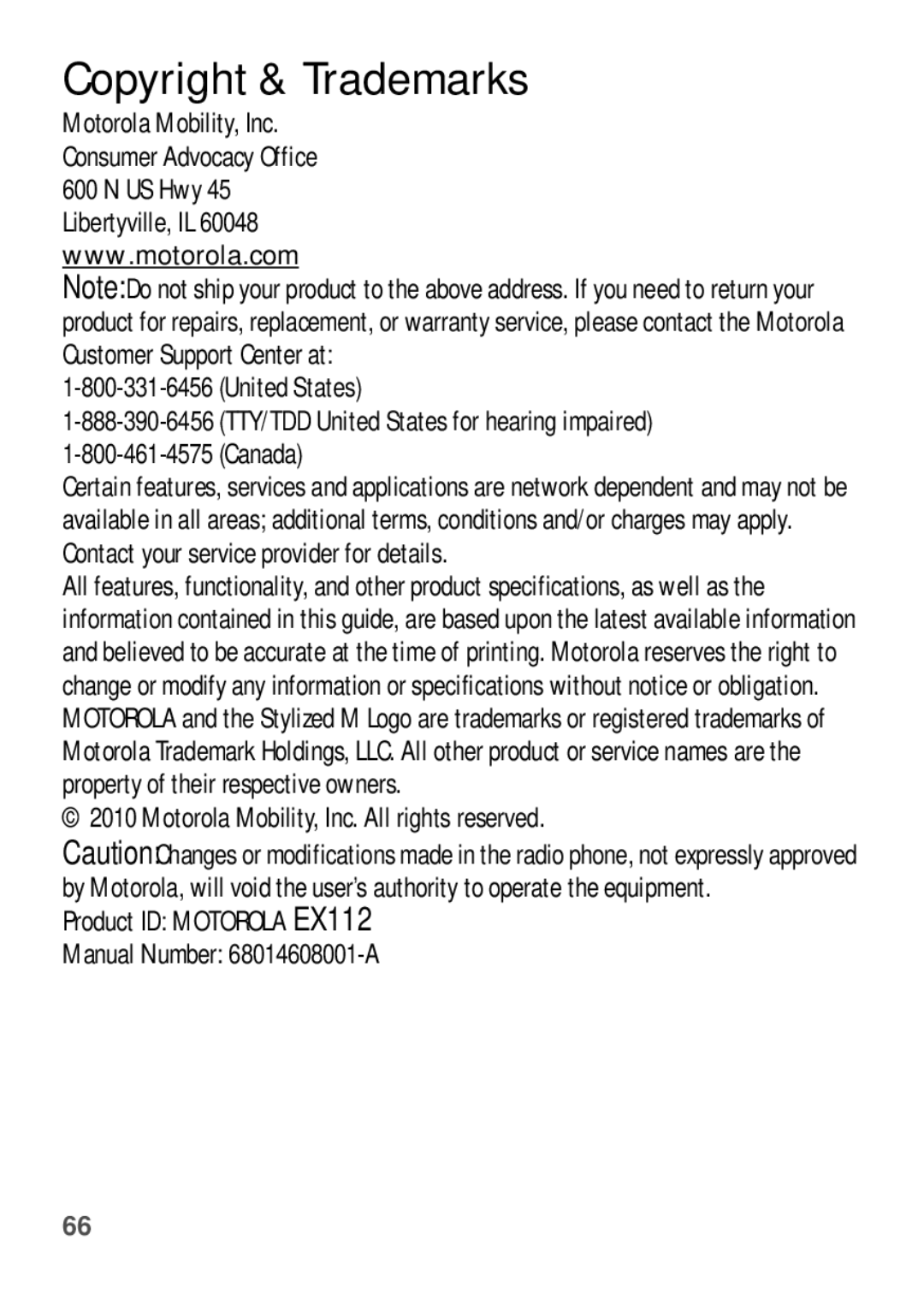 Motorola EX112 manual Copyright & Trademarks, United States Canada 