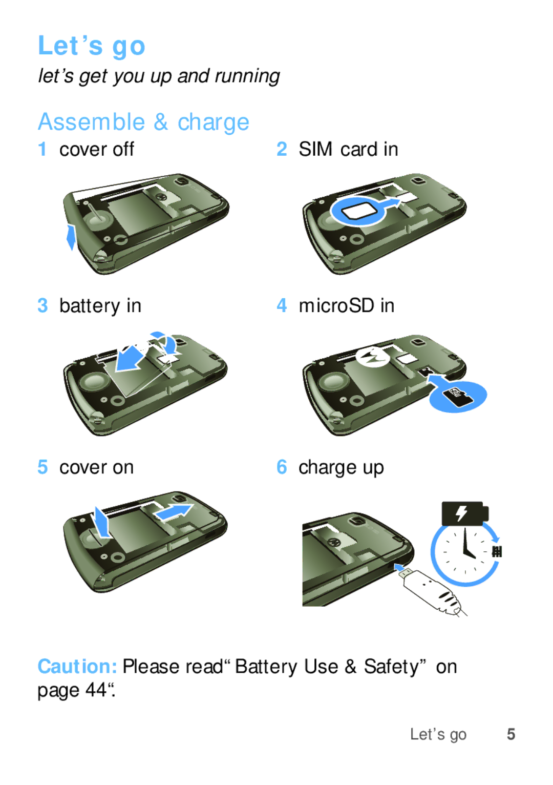 Motorola EX112 manual Let’s go, Assemble & charge 