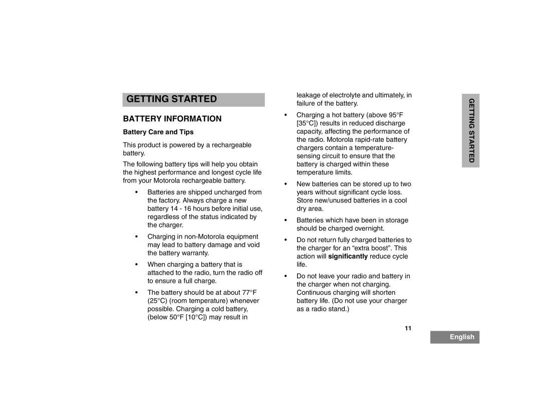 Motorola EX500 manual Getting Started, Battery Information, Battery Care and Tips 