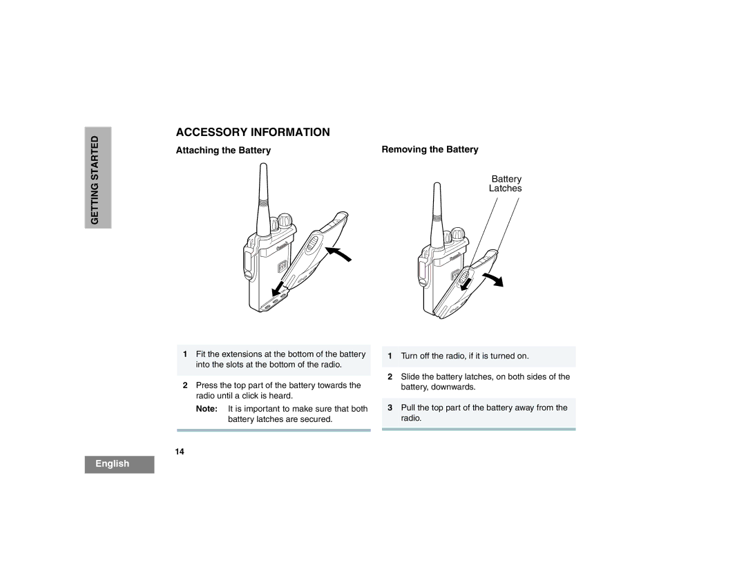 Motorola EX500 manual Accessory Information, Attaching the Battery Removing the Battery 