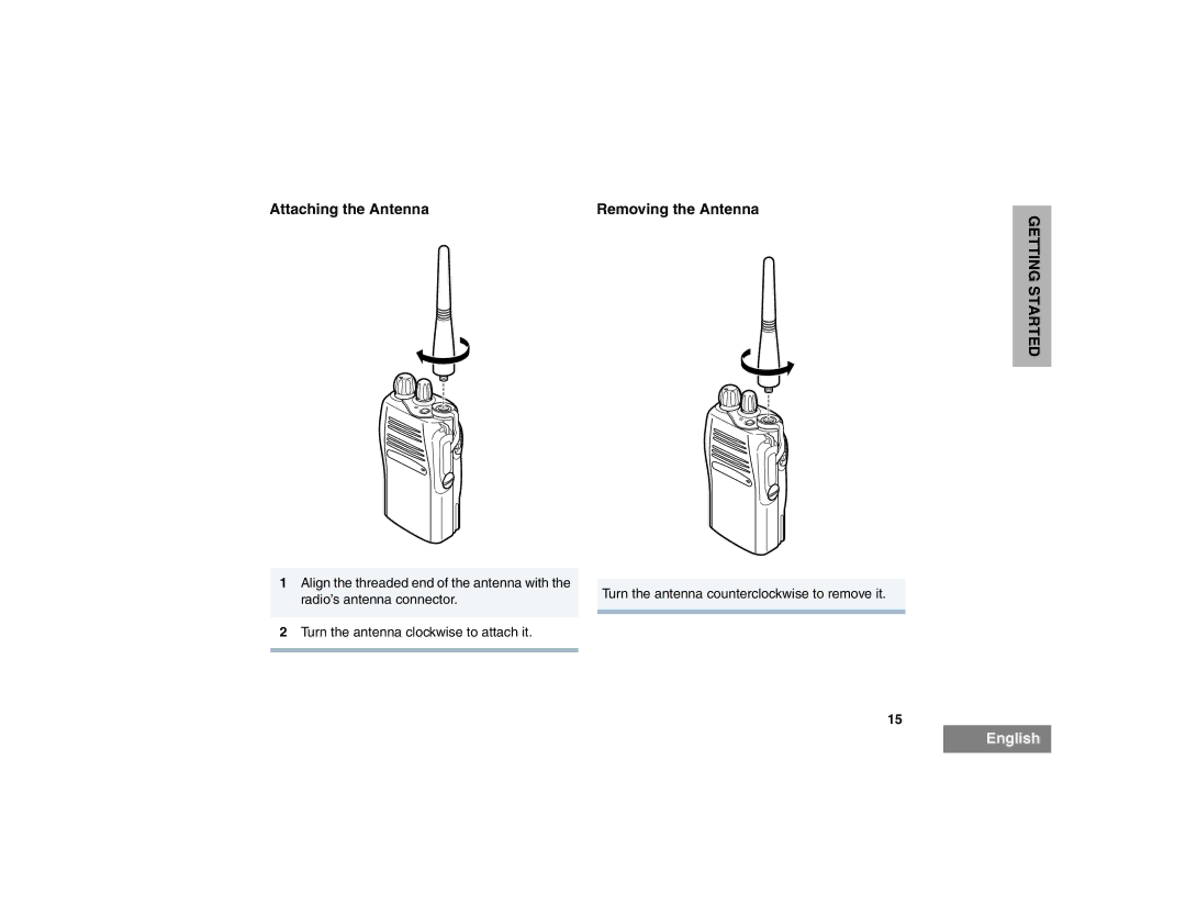 Motorola EX500 manual Attaching the Antenna Removing the Antenna 