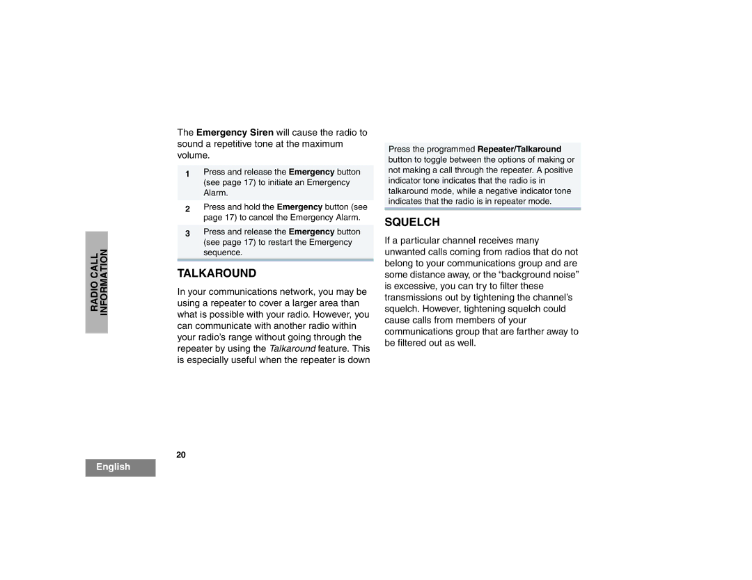 Motorola EX500 manual Talkaround, Squelch 