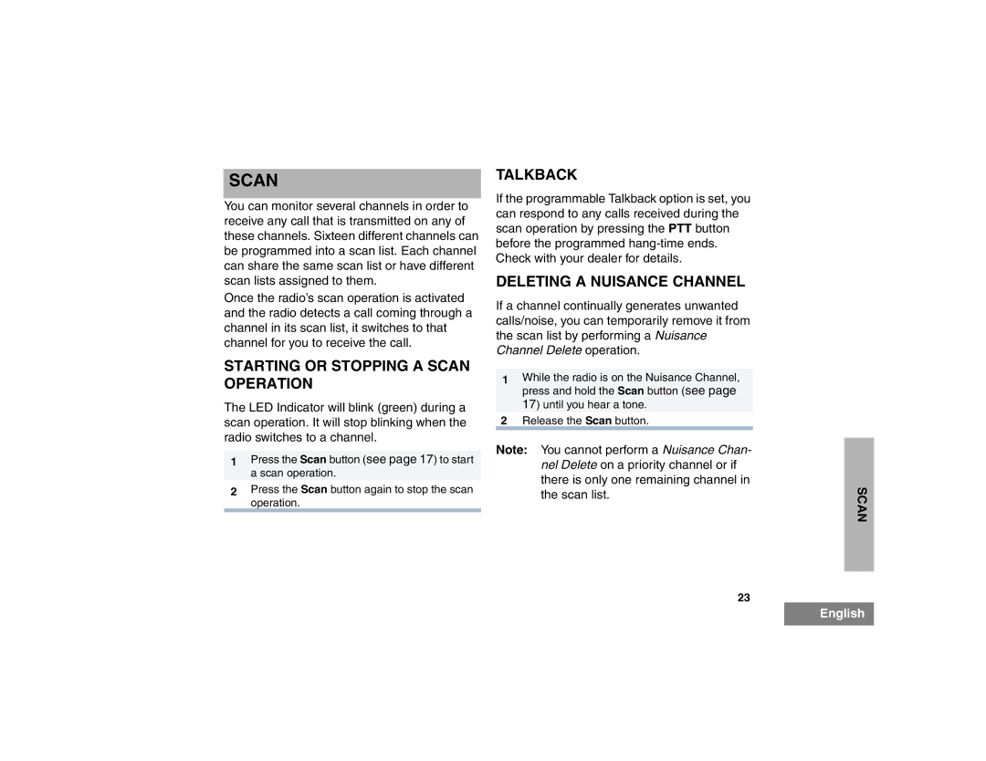 Motorola EX500 manual Starting or Stopping a Scan Operation, Talkback, Deleting a Nuisance Channel 