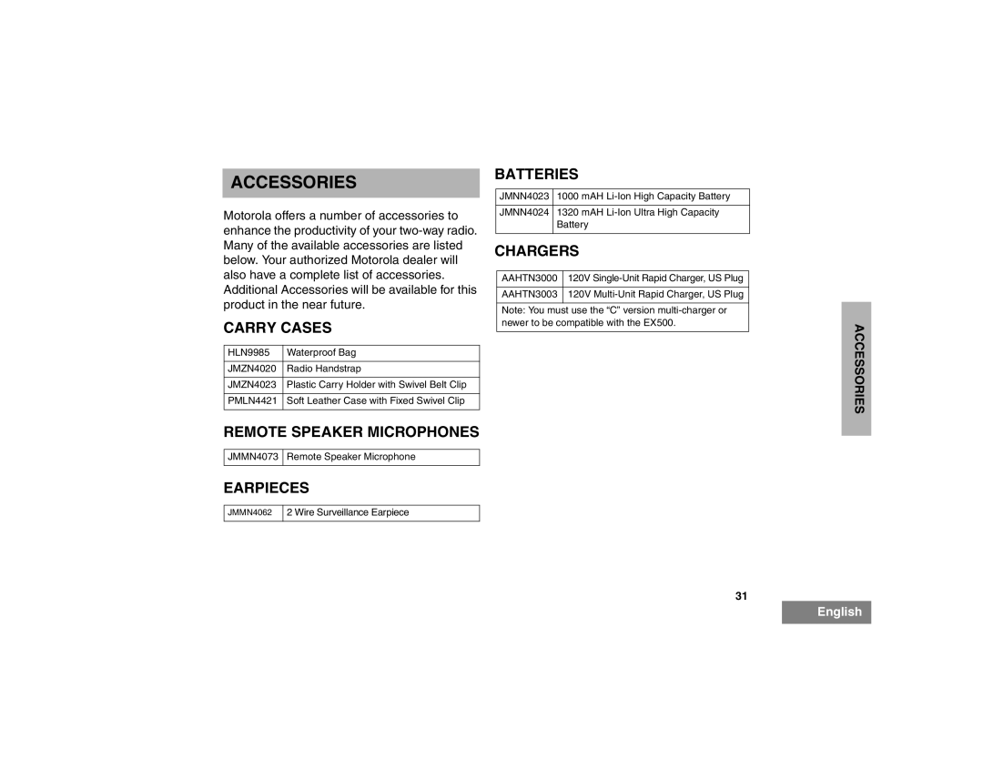 Motorola EX500 manual Accessories, Carry Cases, Remote Speaker Microphones, Earpieces Batteries, Chargers 