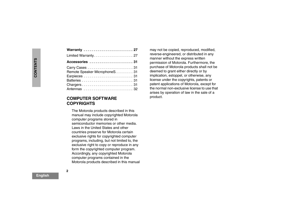 Motorola EX500 manual Computer Software Copyrights, Warranty, Accessories 