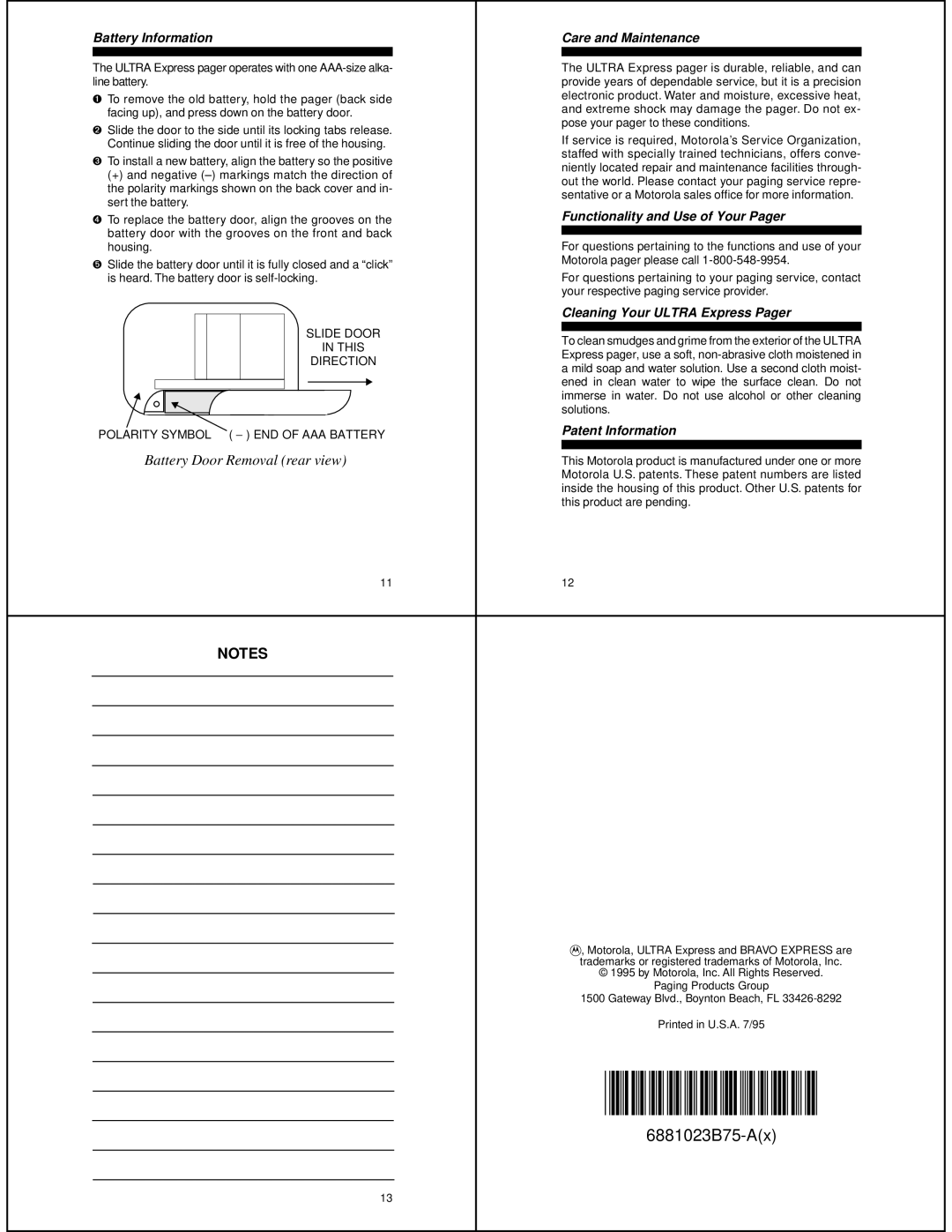 Motorola Express Pager Battery Information Care and Maintenance, Functionality and Use of Your Pager, Patent Information 