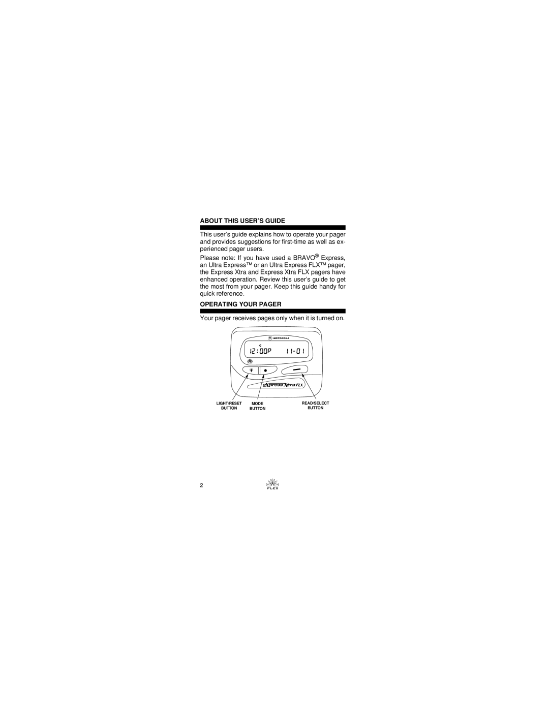 Motorola Express Xtra Express Xtra FLX Pager manual About this USER’S Guide, Operating Your Pager 