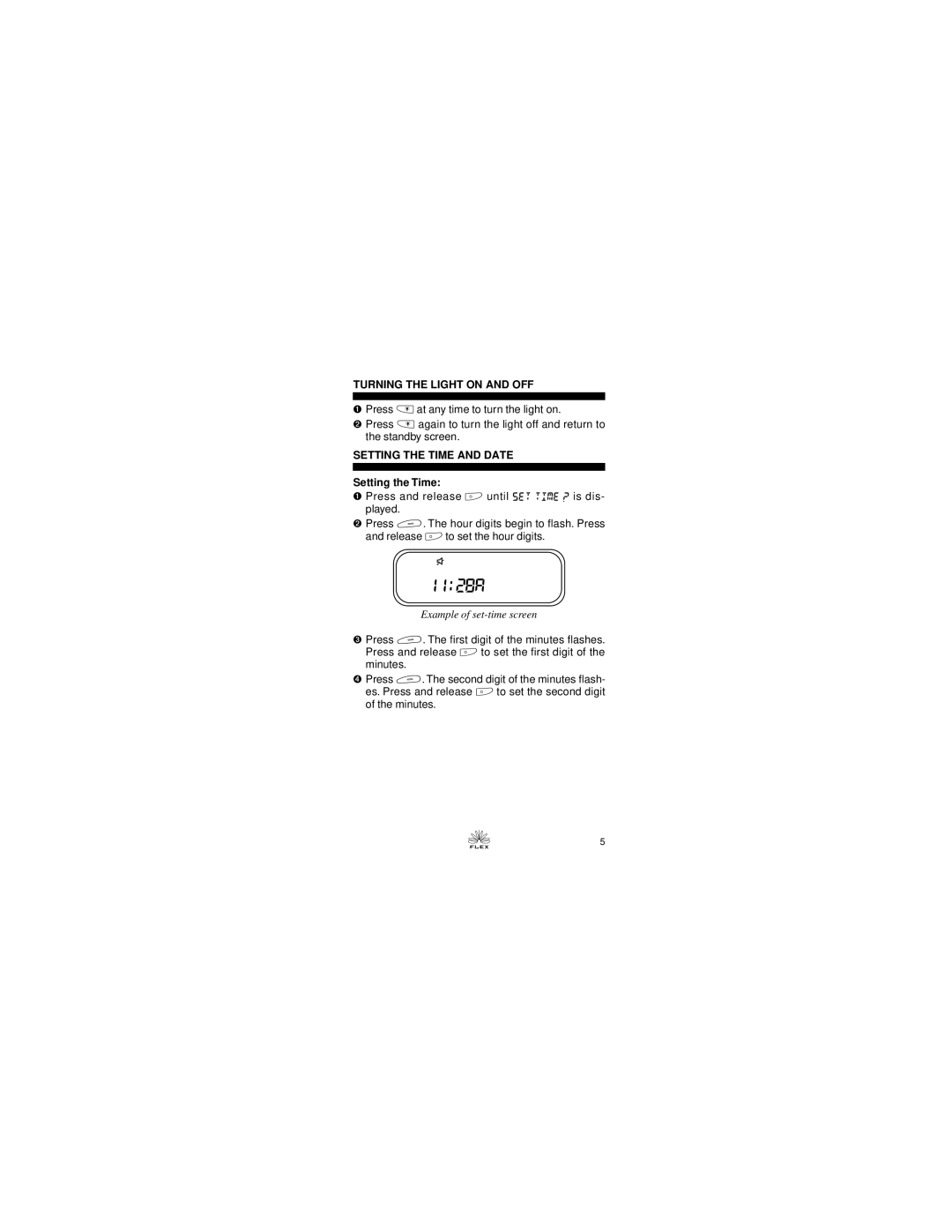 Motorola Express Xtra Express Xtra FLX Pager manual Turning the Light on and OFF, Setting the Time and Date 