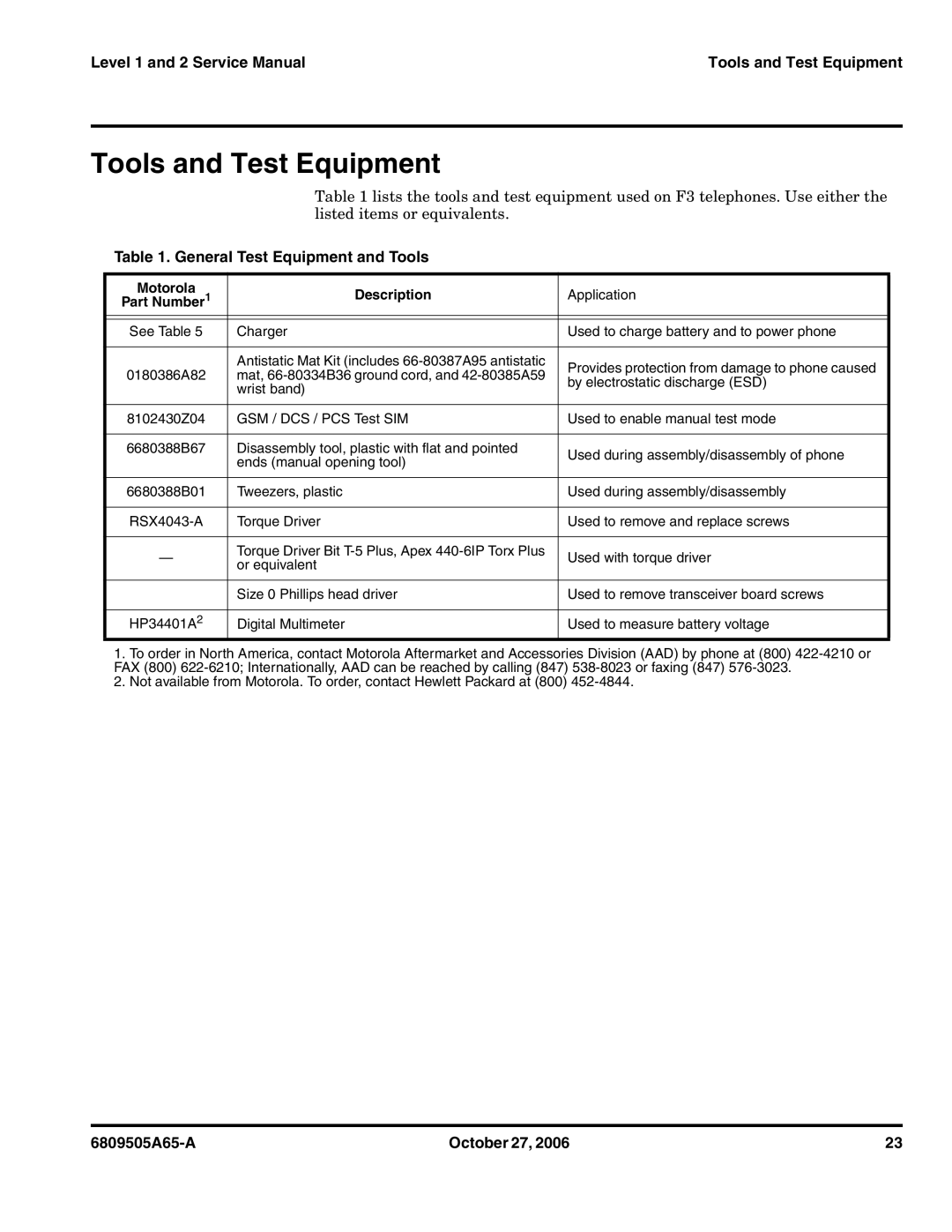 Motorola F3 service manual Tools and Test Equipment, General Test Equipment and Tools 